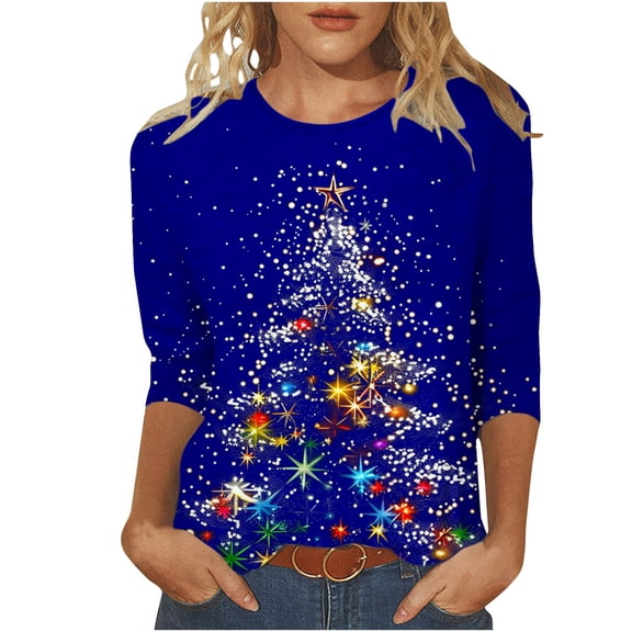 3/4 Sleeve Shirt for Women Round Neck Dressy Casual Blouses Funny Xmas Tree Print Loose Fit Basic Fall Tunic Tops