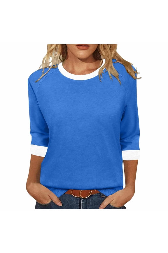 3/4 Sleeve Shirt for Womens Crewneck Color Block Raglan Casual Trendy Summer Tops S-2XL Blue