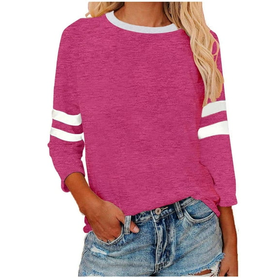 3/4 Sleeve Shirt for Womens Crewneck Color Block Raglan Tee Casual Trendy Solid Pullover Tops Lightweight Sweatshirts S-114 Hot Pink-A 4XL