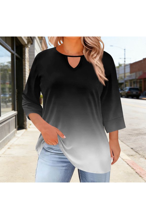 3/4 Sleeve Shirts For Women Hollow Out Collar T Shirt Casual Crew Neck Blouse Fashion Trendy Clothes