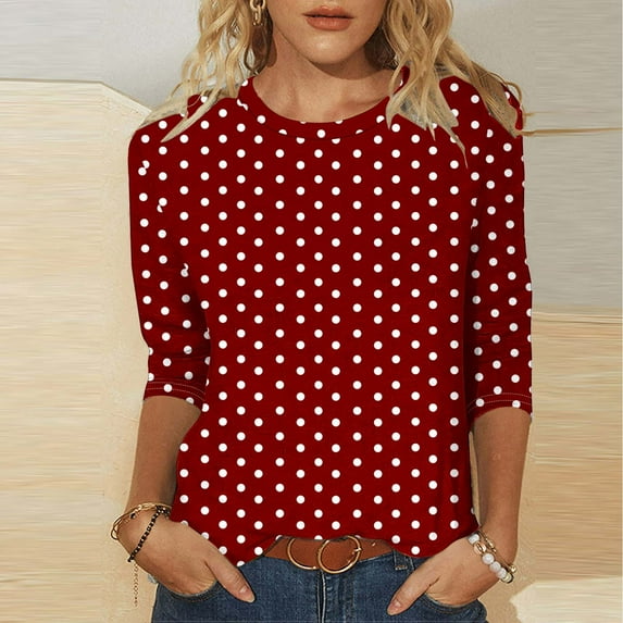 3/4 Sleeve Shirts For Women Spring Crewneck Business Casual Tops Loose Three Quarter Length Work Blouses Red 4XL