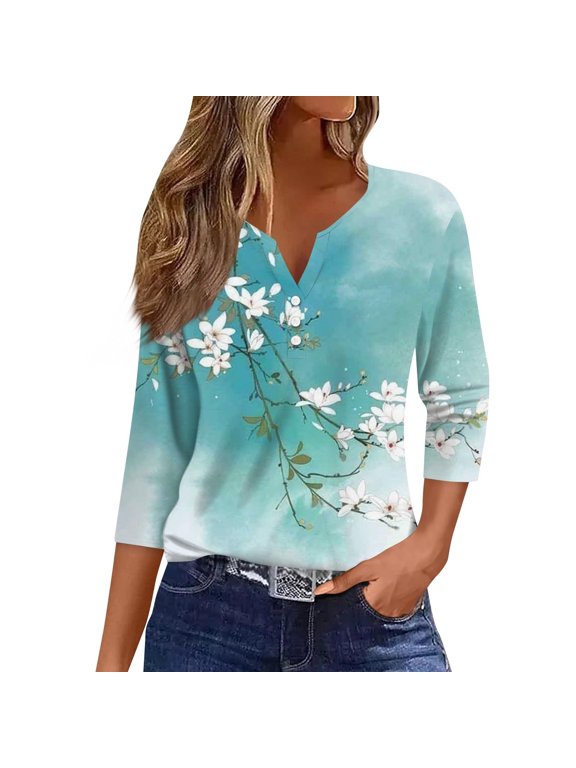 3/4 Sleeve Shirts For Women V Neck Flower Prin Fashion Elegant Casual Button T Shirt Comfy Soft Summer Work Tee Pullover Outfits Light Blue XL