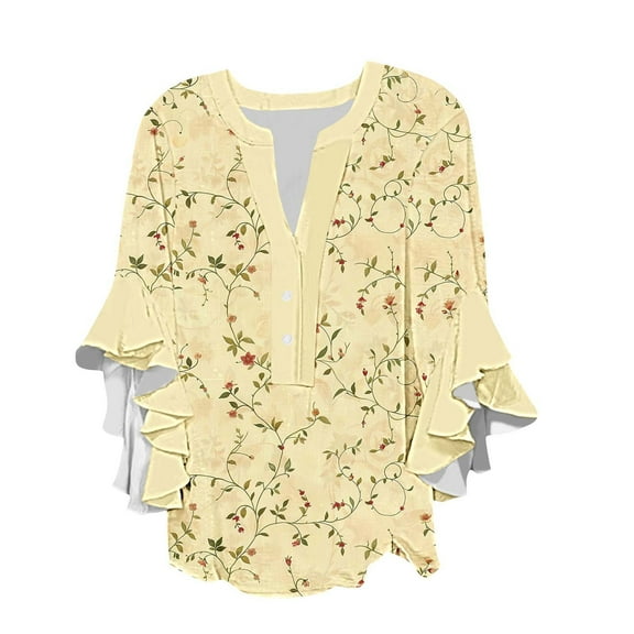 3/4 Sleeve Shirts for Women, Blouses for Women Ruffle 3/4 Sleeve Summer Tops Women's Casual V-Neck Floral Print Faux Button Front Loose Blouse T Shirts, MR-31, XXL