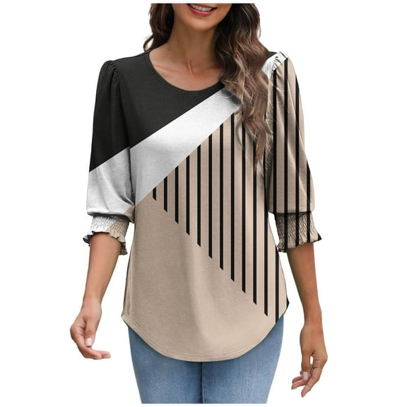 3/4 Sleeve Shirts Womens Dress Casual Tops with Smocked Cuffs High Low Tops for Women Graphic Business Work Blouses, Khaki, L