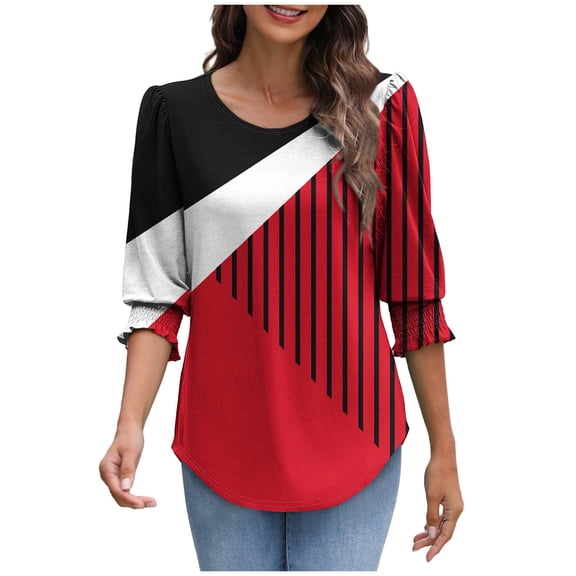 3/4 Sleeve Shirts Womens Dress Casual Tops with Smocked Cuffs High Low Tops for Women Graphic Business Work Blouses, Red, XL
