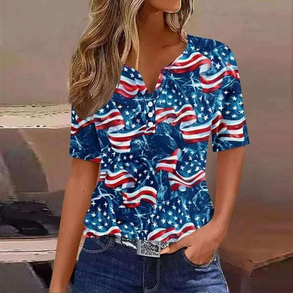 3/4 Sleeve Shirts for Ladies' Independence Day Printed Button Up Three Quarter Sleeve 3/4 Sleeve V-Neck Top/shirt