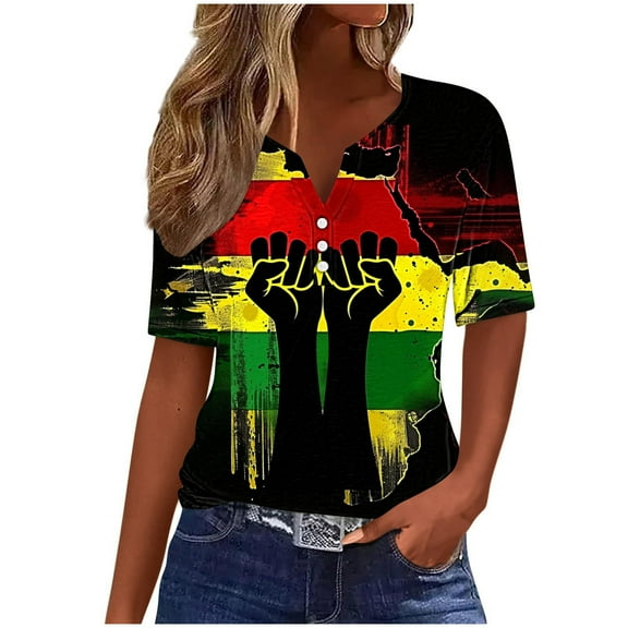 3/4 Sleeve Shirts for Ladies' Independence Day Printed Button Up Three Quarter Sleeve 3/4 Sleeve V-Neck Top/shirt