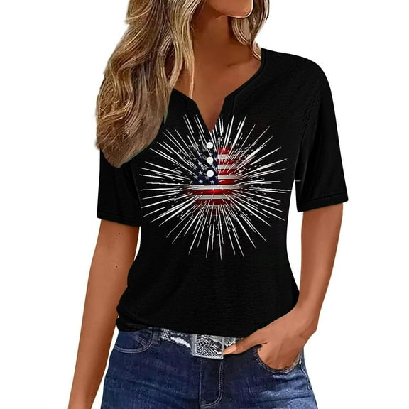 3/4 Sleeve Shirts for Ladies' Independence Day Printed Button Up Three Quarter Sleeve 3/4 Sleeve V-Neck Top/shirt