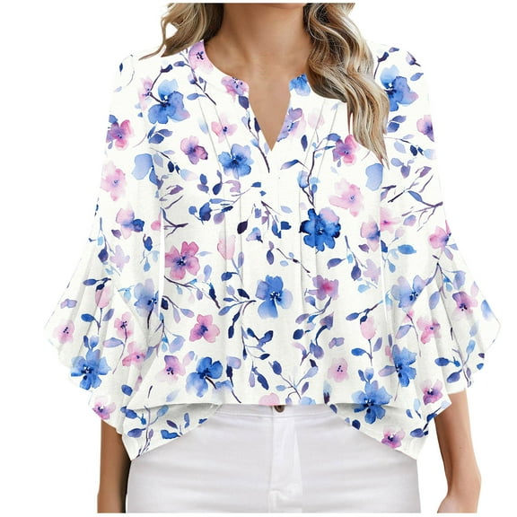 3/4 Sleeve Shirts for Ladies' Spring and Summer Casual Non Positioning Printed Quarter Sleeve V-Neck Top/shirt