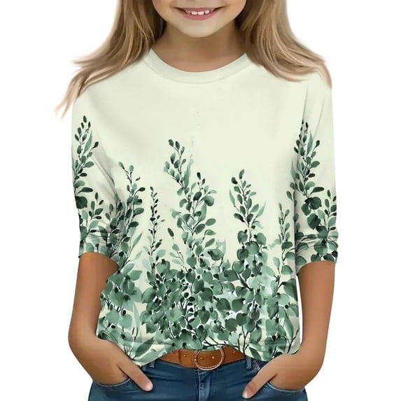 3/4 Sleeve Shirts for Teens Girls Crew Neck Cute Summer Tops Floral Print Blouses Clothes 5-16 Years
