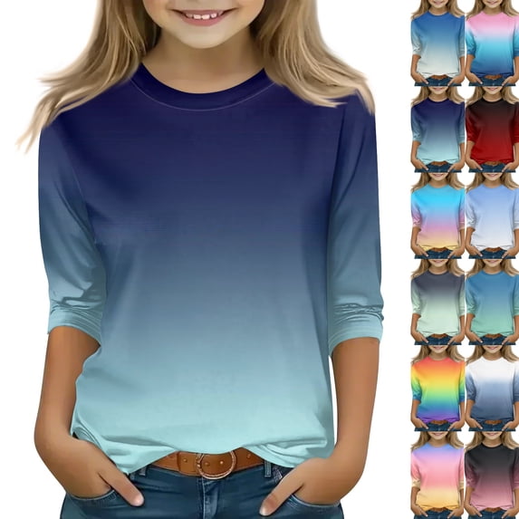 3/4 Sleeve Shirts for Teens Girls Crew Neck Cute Summer Tops Gradient Blouses Clothes Dark Blue,5-6 Years
