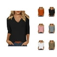 thumbnail image 1 of 3/4 Sleeve Shirts for Women 2025 Fall Casual Solid Color V Neck Loose Fit Plain Basic Tshirt Womens T Shirts, 1 of 5