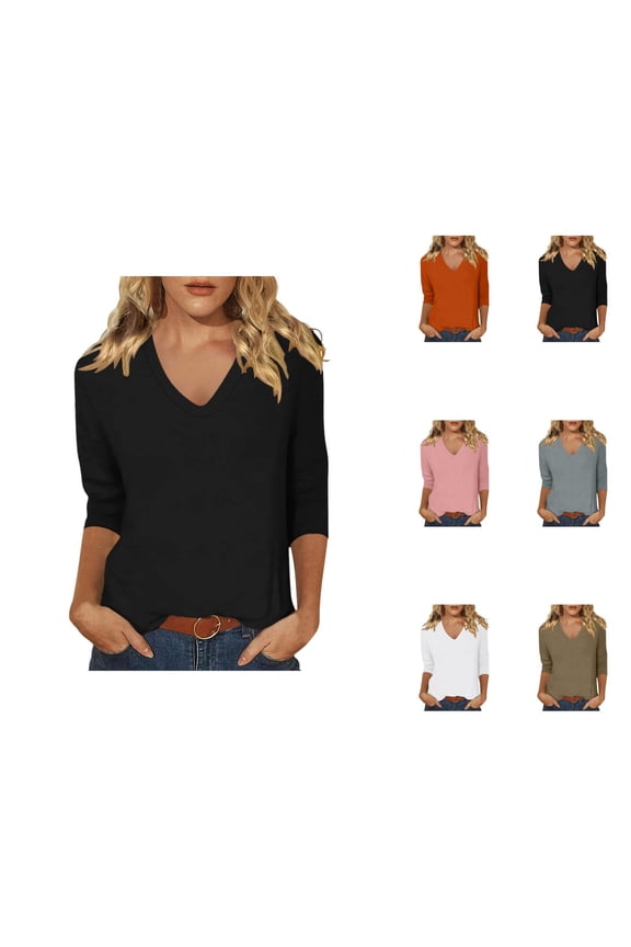 3/4 Sleeve Shirts for Women 2025 Fall Casual Solid Color V Neck Loose Fit Plain Basic Tshirt Womens T Shirts