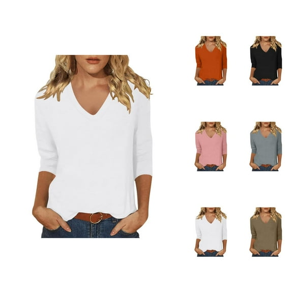 3/4 Sleeve Shirts for Women 2025 Fall Casual Solid Color V Neck Loose Fit Plain Basic Tshirt Womens T Shirts