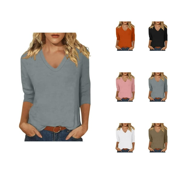 3/4 Sleeve Shirts for Women 2025 Fall Casual Solid Color V Neck Loose Fit Plain Basic Tshirt Womens T Shirts