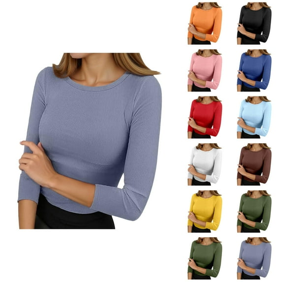 3/4 Sleeve Shirts for Women 2025 Fall Crewneck Slim Fit Breathable Solid Color Plain Basic Tshirt Womens T Shirts