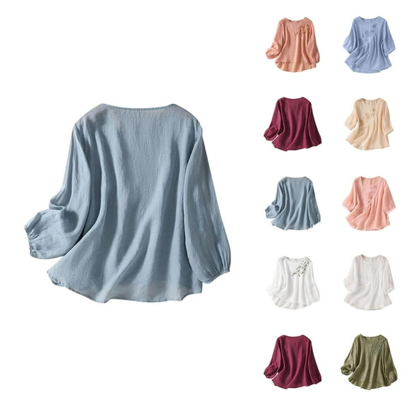 3/4 Sleeve Shirts for Women 2025 Lightweight Loose Fit Embroidery Crewneck Cotton Linen Tshirt Shirt Blouse Tops