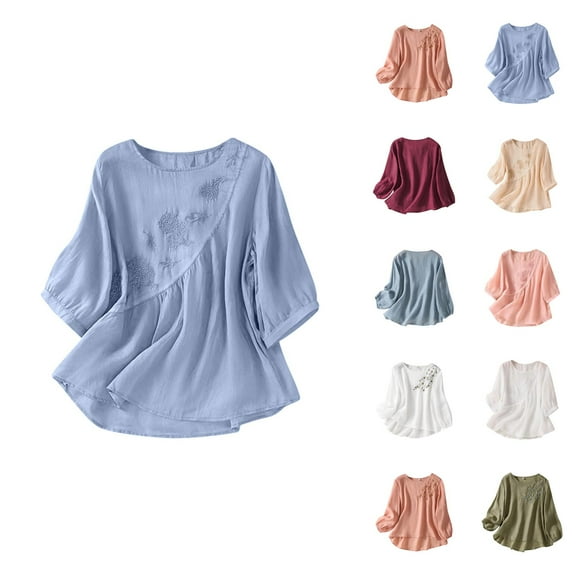 3/4 Sleeve Shirts for Women 2025 Lightweight Loose Fit Embroidery Crewneck Cotton Linen Tshirt Shirt Blouse Tops