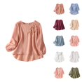 thumbnail image 1 of 3/4 Sleeve Shirts for Women 2025 Lightweight Loose Fit Embroidery Crewneck Cotton Linen Tshirt Shirt Blouse Tops, 1 of 8