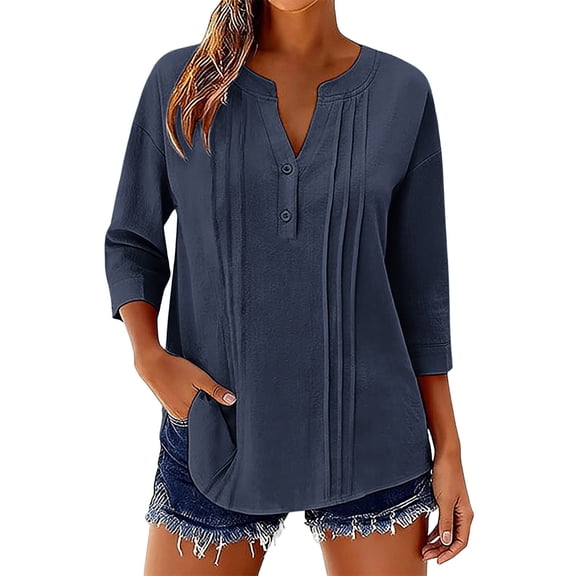 3/4 Sleeve Shirts for Women Button Cotton and Linen Fashion V Neck Solid Pullover Tops
