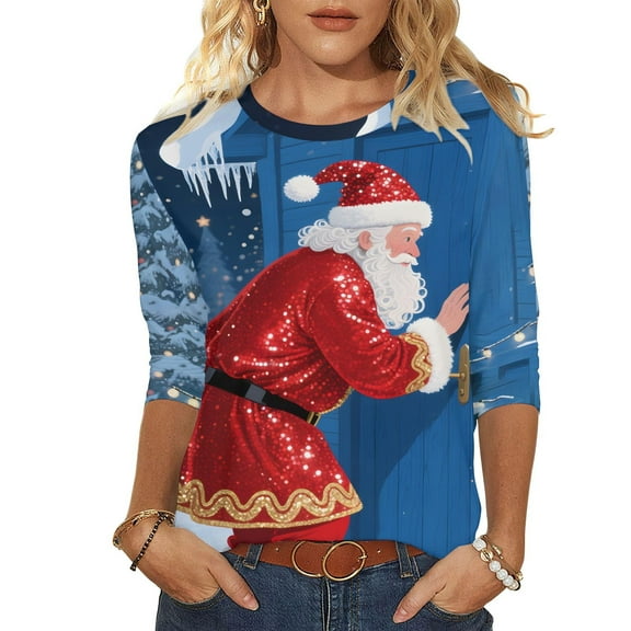 3/4 Sleeve Shirts for Women Christmas Santa Claus Print Pullover 3/4 Sleeve Casual Tops Crewneck Xmas Graphic Tees