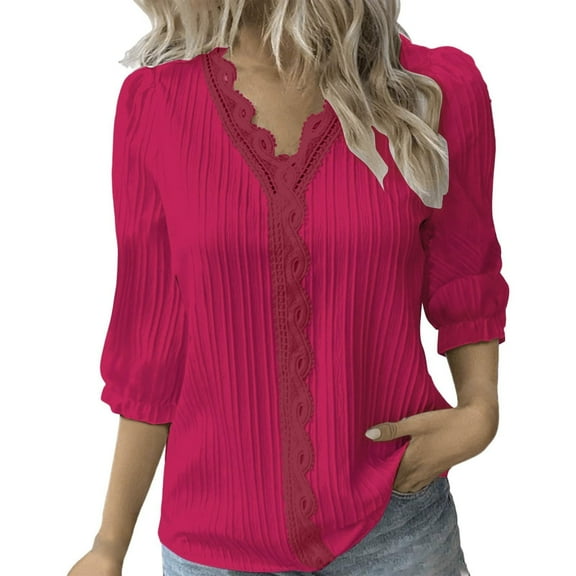3/4 Sleeve Shirts for Women Dressy Casual Tunic Blouses Lace V-Neck 3/4 Length Sleeve Womens Tops