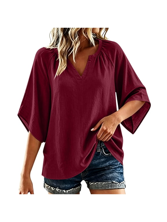 3/4 Sleeve Shirts for Women Fall Plus Size Casual Cotton Linen V Neck Dressy Blouses