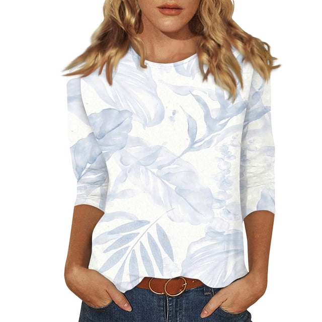 3/4 Sleeve Shirts for Women Fashion Floral Print Elbow Length Sleeve ...