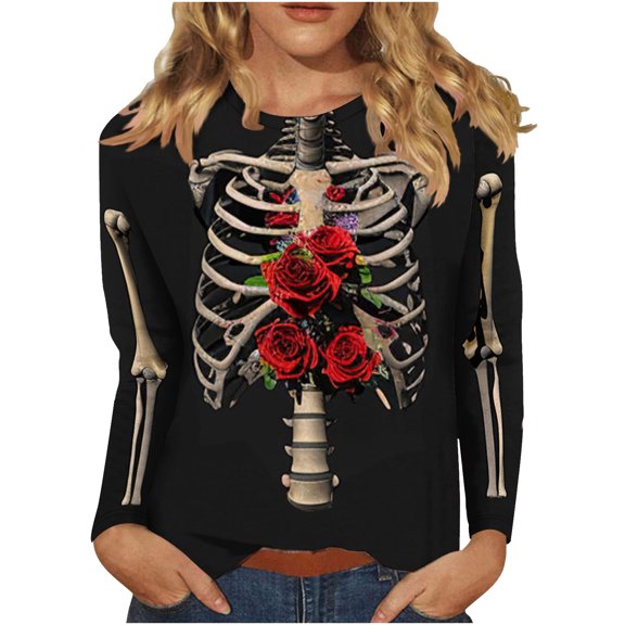 3/4 Sleeve Shirts for Women Halloween Printed Fall Casual Blouse Round Neck Fashion T Shirt