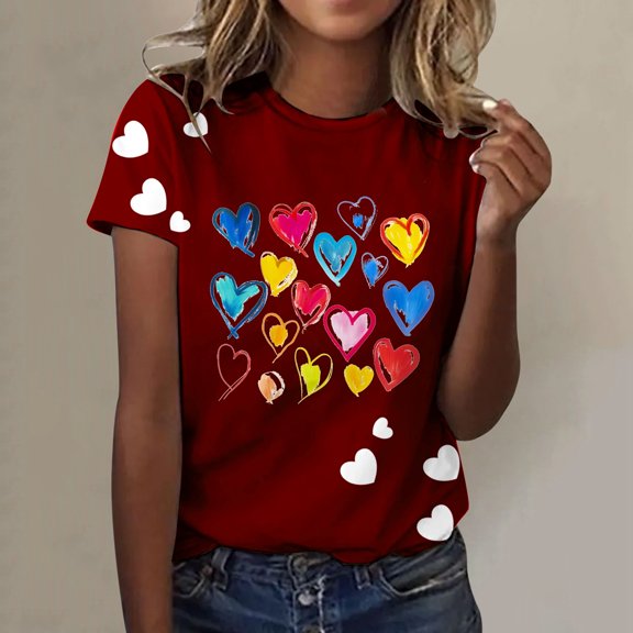 3/4 Sleeve Shirts for Women Heart Print Lightweight Crew Neck Classic T Shirt Casual Comfortable Comfy Soft Basic Tee Vacation Clothes Black S