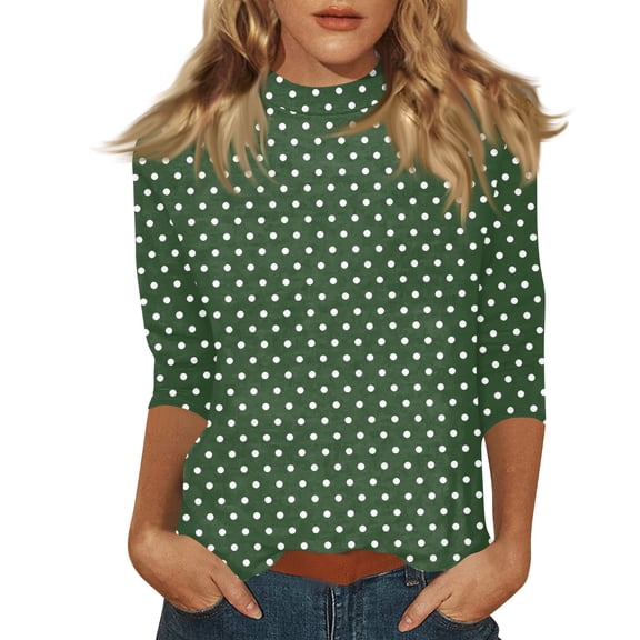 3/4 Sleeve Shirts for Women Spring Polka Dot Mockneck Business Casual Tops Loose Three Quarter Length Work Blouses Army Green M