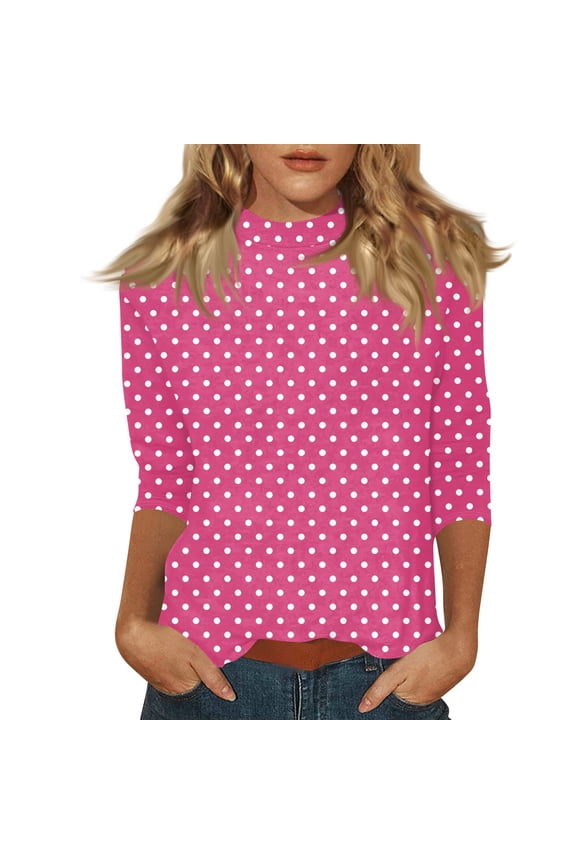 3/4 Sleeve Shirts for Women Spring Polka Dot Mockneck Business Casual Tops Loose Three Quarter Length Work Blouses Hot Pink S