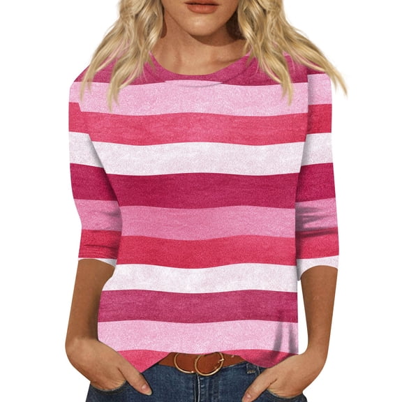 3/4 Sleeve Shirts for Women Spring Striped Crewneck Business Casual Tops Loose Three Quarter Length Work Blouses Pink 4XL