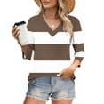 thumbnail image 1 of 3/4 Sleeve Shirts for Women Striped Prints Casual V Neck Tee T-shirts Fall Spring Going Out Tops Loose Fit (L, Brown), 1 of 8