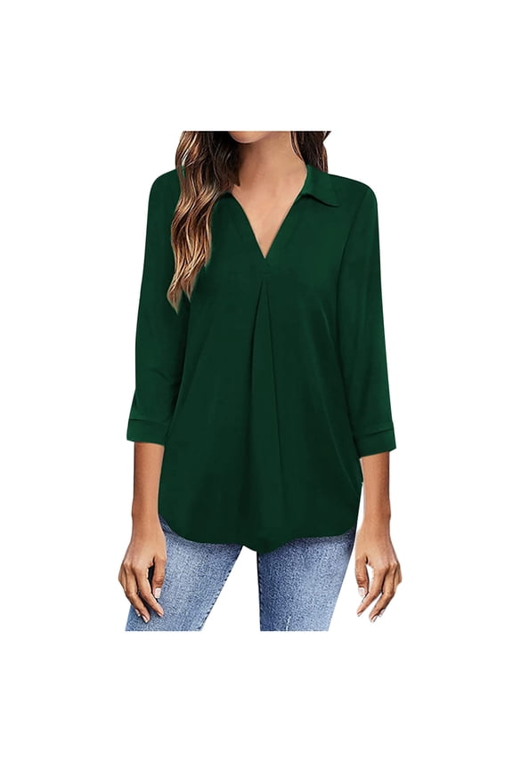 3/4 Sleeve Shirts for Women Summer Tops Casual V Neck Pullover Solid Color Flowy Shirt Blouse Tunic Tops Army Green XL