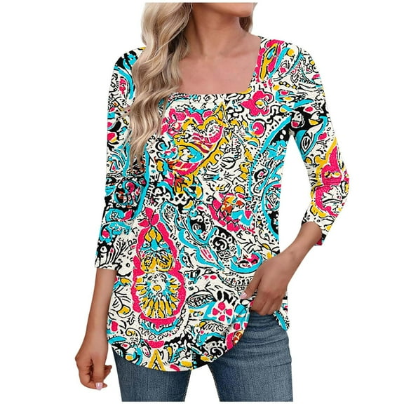 3/4 Sleeve Shirts for Women's Fashion Casual Non Positioning Printed Square Neck Three-Quarters Sleeved