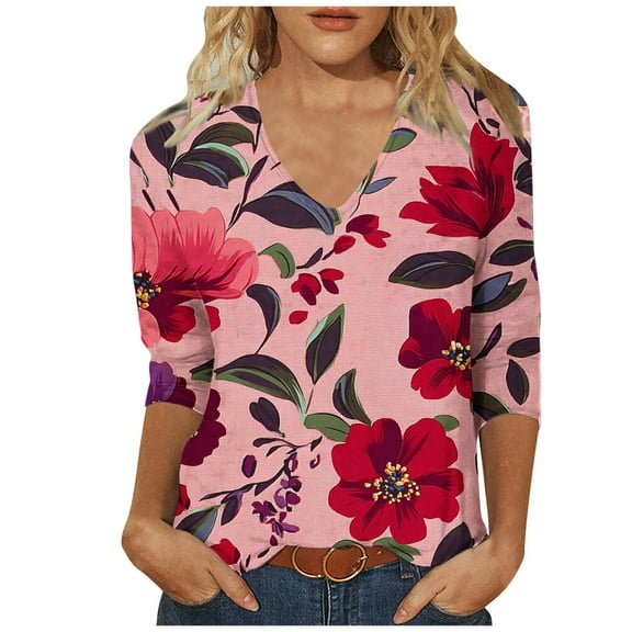 3/4 Sleeve Shirts for Women's Fashion Casual Print V-Neck 3/4 Sleeve Long Sleeved V-Neck Top/Shirt