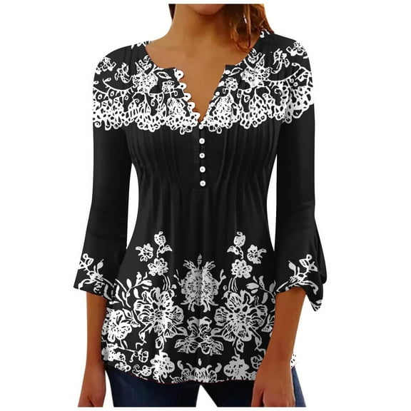 3/4 Sleeve Shirts for Women's Fashion Printed T-Shirt 3/4 Sleeves Blouse V-Neck Casual Tops