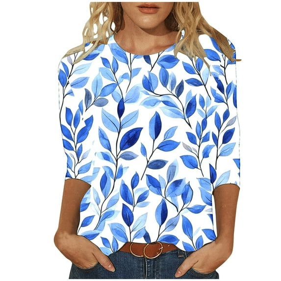 3/4 Sleeve Shirts for Womens Tops Casual Plus Size Floral Crewneck Tee Shirt Loose Comfy Tunic Top