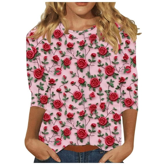 3/4 Sleeve Shirts for Womens Valentines Days Tops Plus Size Crewneck Tee Cute 3D Heart Print Blouse
