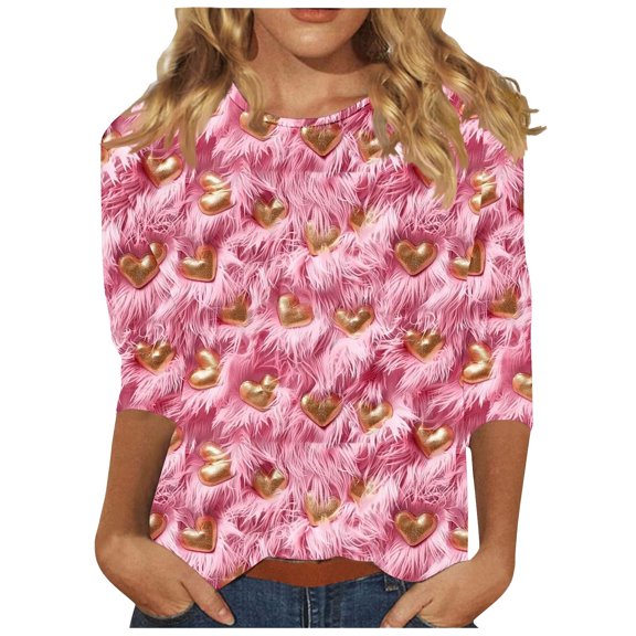 3/4 Sleeve Shirts for Womens Valentines Days Tops Plus Size Crewneck Tee Cute 3D Heart Print Blouse