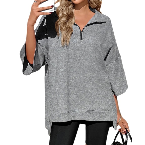3/4 Sleeve Solid Color Women Casual Loose Half Zipper Oversize Sweatshirt Hoodies