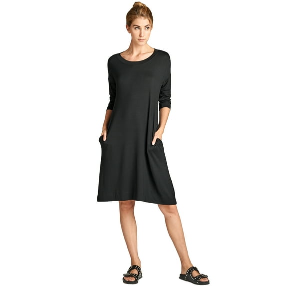 3/4 Sleeve Solid Loose Fit Knee Length Dress, Medium, Black