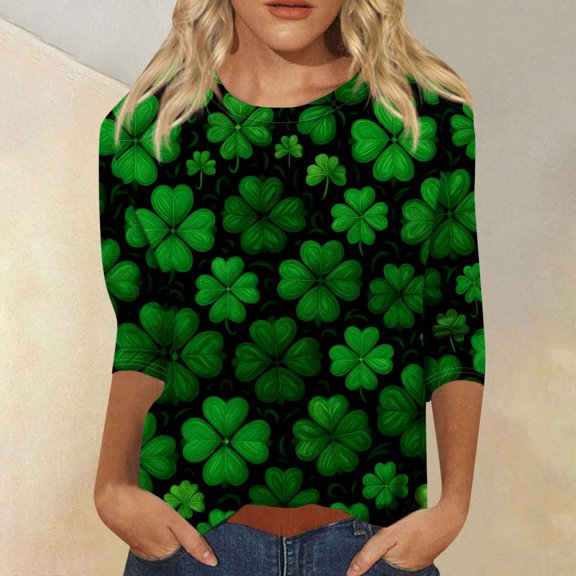 3/4 Sleeve St Patrick's Day Shirts for Women Cozy Pullover Saint Patrick's Tunic Tops Green Clover T-Shirts Cute Saints Tops Loose Fit Shirts Irish Clover Tshirts Crew Neck Spring Fall Clothes