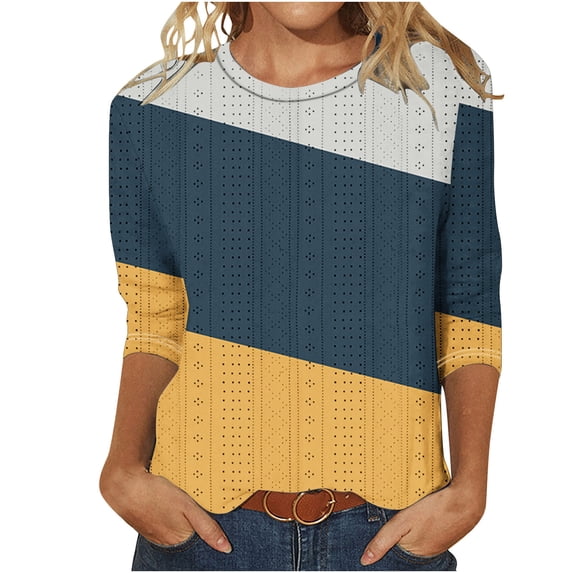 3/4 Sleeve Striped T Shirts for Women Eyelet Emboridery Crew Neck Summer Tops 2024 Womens Color Block Loose Fit Casual Blouses,Yellow,Medium