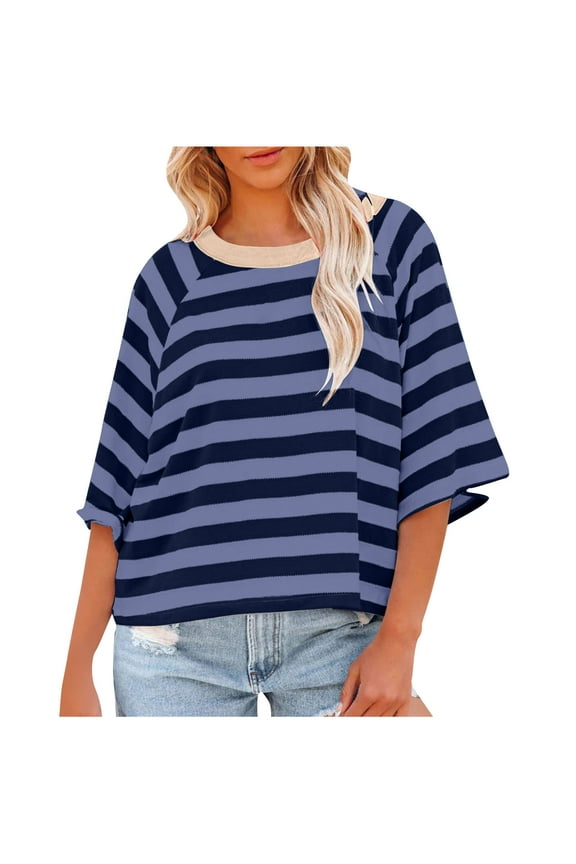 3/4 Sleeve Striped T-Shirts for Women Loose Crewneck Tee Blouse FP Dupe Three Quarter Shirts Casual Tunic Tops