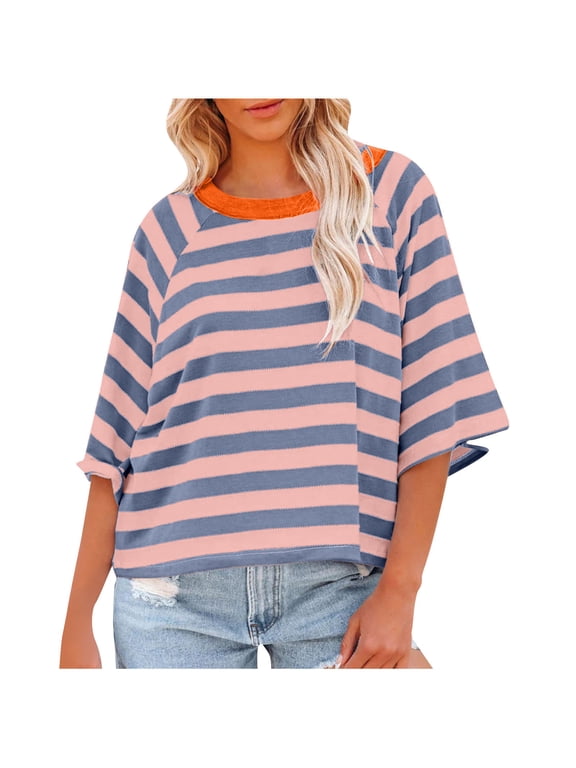 3/4 Sleeve Striped T-Shirts for Women Loose Crewneck Tee Blouse FP Dupe Three Quarter Shirts Casual Tunic Tops