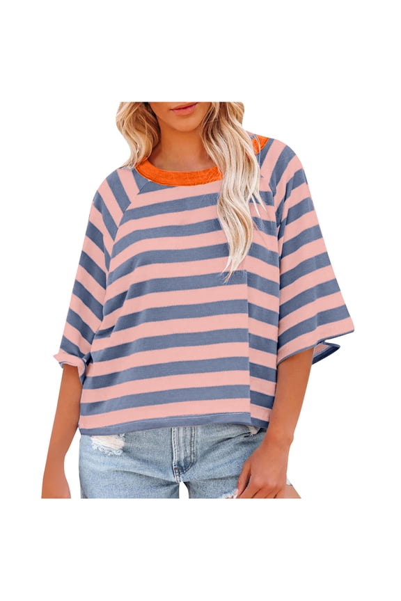 3/4 Sleeve Striped T-Shirts for Women Loose Crewneck Tee Blouse FP Dupe Three Quarter Shirts Casual Tunic Tops