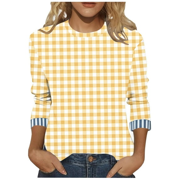 3/4 Sleeve Summer Tops for Women Checkered Print Plus Size Shirts Crew Neck Casual Work Tops Buffalo Plaid Graphic Tee Trendy Fashion Clothing