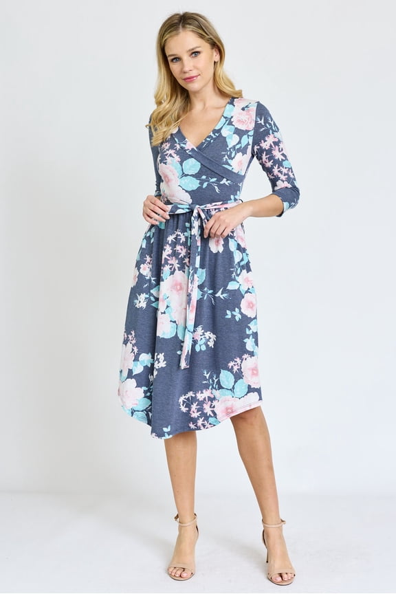 3/4 Sleeve Surplice Midi Dress with Sash | 2 Colors | S-3X